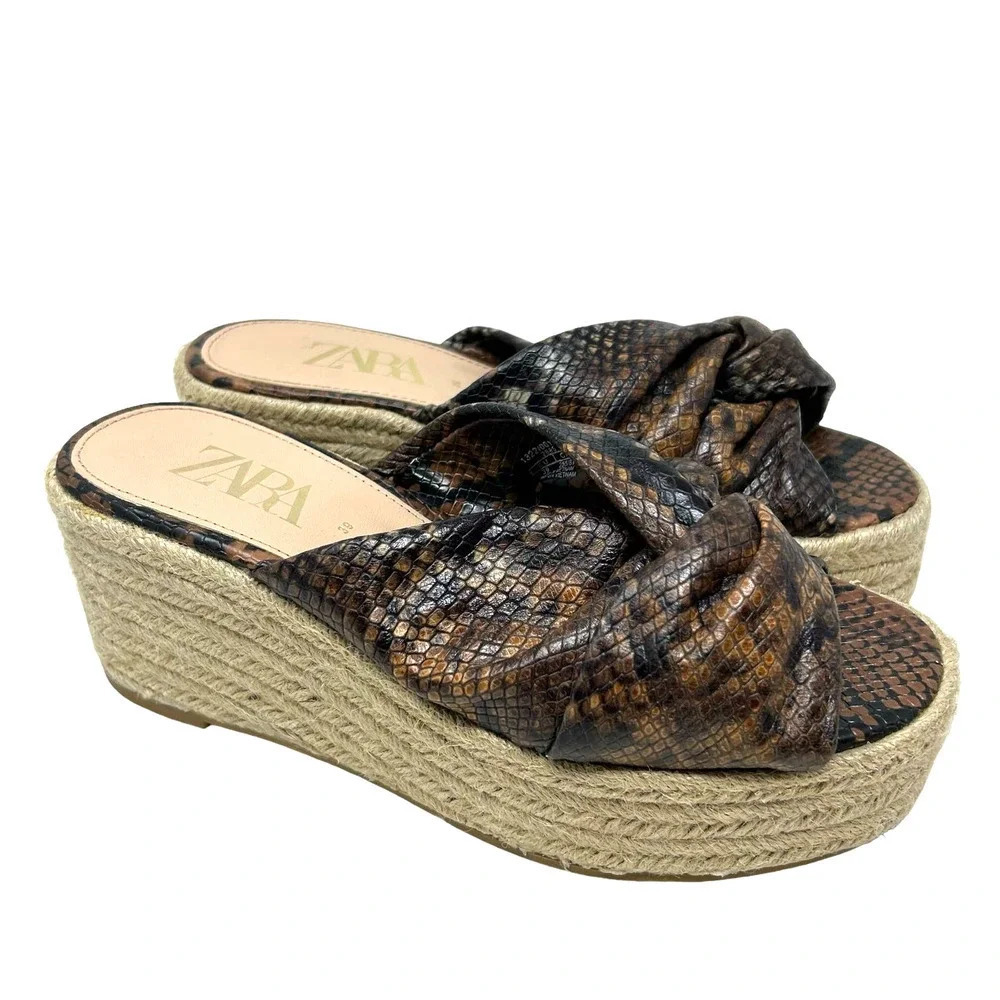 Zara Brown Snakeskin Jute Espadrille Platform Slide Sandals Size 39 /‎ US 8.5